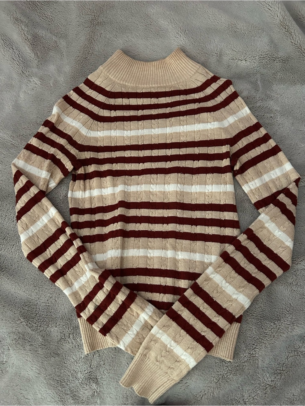 Hooked Up by IOT Striped Turtleneck Sweater in Beige, Burgundy, and White